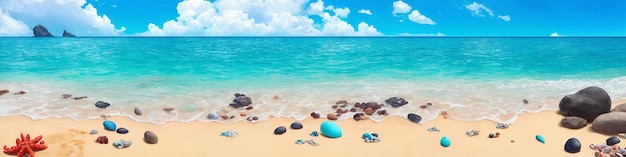 Panorama de la playa del océano en un día soleado con muchas conchas y piedras marinas Ilustración de paisaje marino con playa de arena agua turquesa y cielo con nubes blancas IA generativa