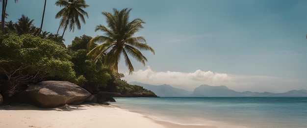 Panorama de la playa de las Seychelles con palmeras y rocas