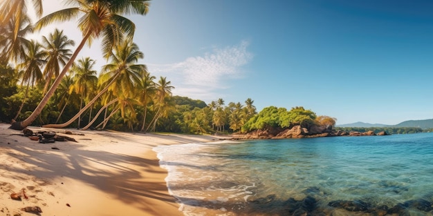 Panorama de una playa tropical con palmeras de coco