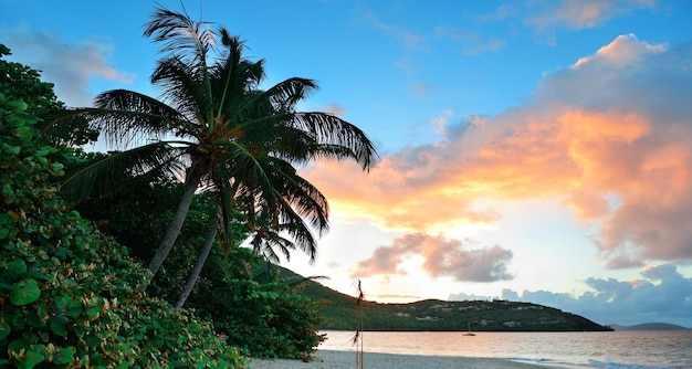 Panorama de la puesta de sol en la playa