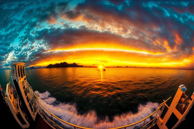 Foto panorama de la puesta de sol sobre el agua desde la cubierta del barco