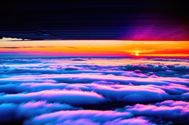 Foto panorama con puesta de sol sobre las nubes desde la ventana del avión ia generativa