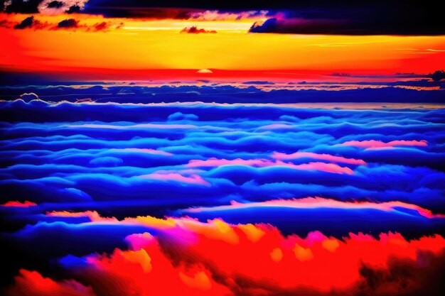 Panorama con puesta de sol sobre las nubes desde la ventana del avión IA generativa