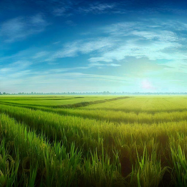 Panorama-Reisfelder im Morgenlicht mit blauem Himmel