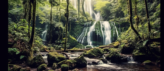 Panorama schöner tiefer Waldwasserfall