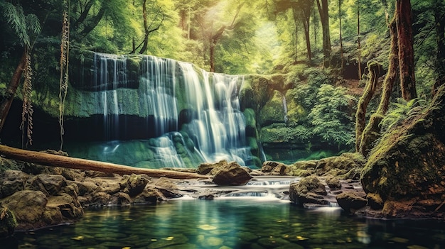 Panorama schöner tiefer Waldwasserfall