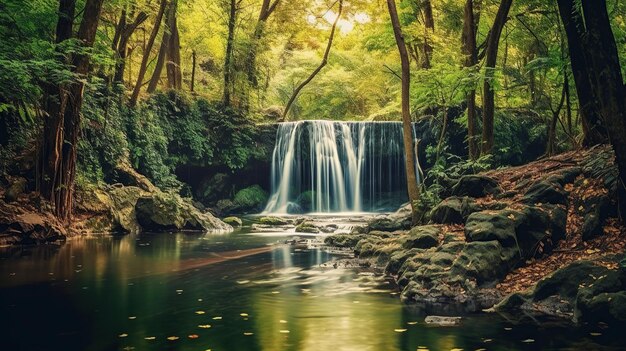 Panorama schöner tiefer Waldwasserfall