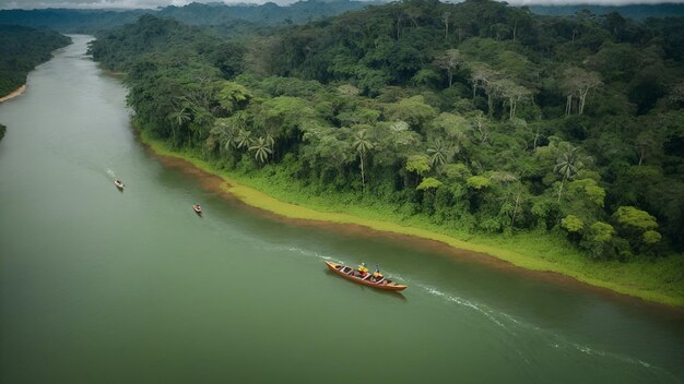 Foto un panorama de una selva tropical de perú con un tranquilo paisaje fluvial con árboles con dosel