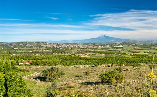 Panorama de Sicilia con el monte Etna y la ciudad de Scordia. Sur de Italia