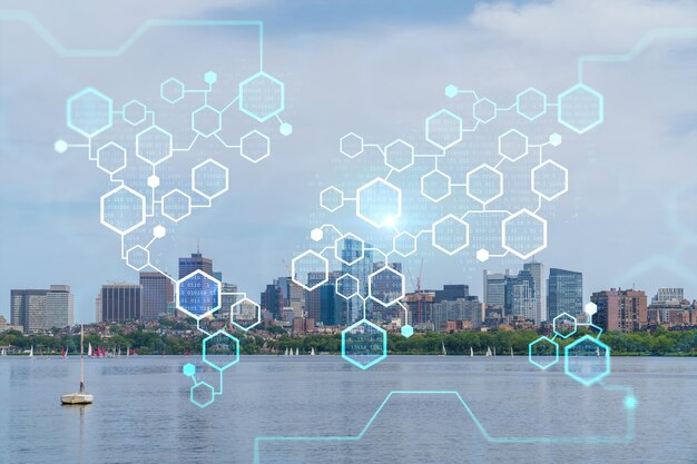 Panorama-Skyline-Stadtansicht von Boston zur Tageszeit Massachusetts Technologisches und politisches Zentrum Gebäudehüllen der finanziellen Innenstadt Blockchain- und Kryptografie-Konzepthologramm