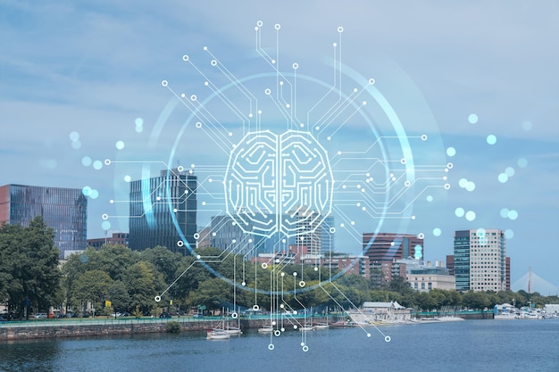 Panorama Skyline von Boston mit Blick auf die Stadt und Campus des Massachusetts Institute of Technology zur Tageszeit Hologramm des Konzepts der künstlichen Intelligenz KI und Business Machine Learning neuronale Netzwerkrobotik