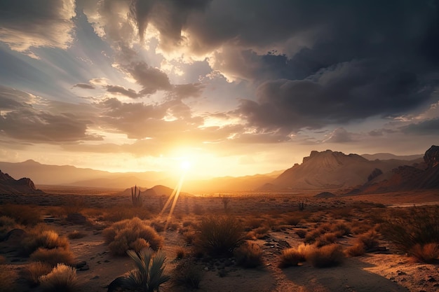 Panorama-Sonnenaufgang über der Wüstenlandschaft mit dramatischen Wolken und Himmel