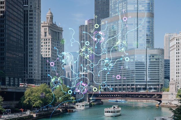 Panorama-Stadtbild der Innenstadt von Chicago und der Riverwalk-Promenade mit Brücken zur Tageszeit Illinois USA Konzept der künstlichen Intelligenz AI und Business Machine Learning neuronale Netzwerkrobotik