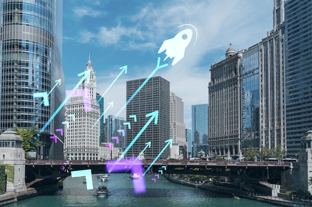 Panorama-Stadtbild der Innenstadt von Chicago und der Riverwalk-Promenade mit Brücken zur Tageszeit Illinois USA Startup-Unternehmen startet Projekt zur Suche und Entwicklung eines skalierbaren Geschäftsmodell-Hologramms