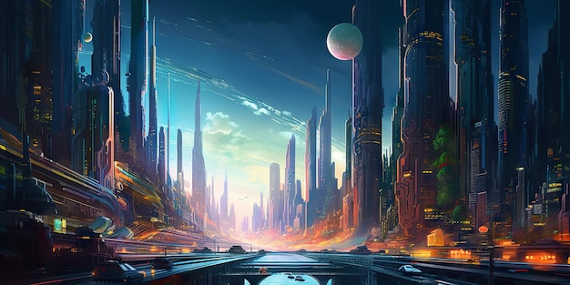 Panorama-Stadtlandschaft im futuristischen Stil Hoch aufragende Wolkenkratzer in Neon-Retrowellenfarben Generative KI