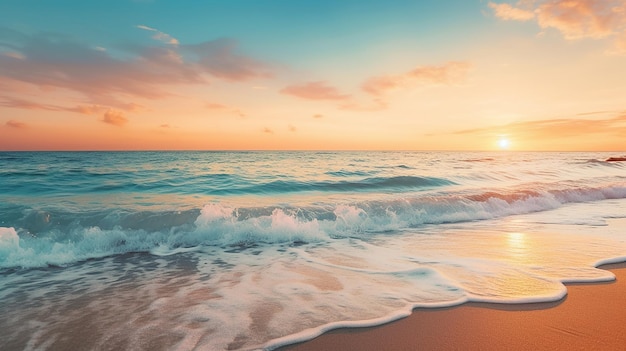 Panorama-Strandlandschaft inspiriert tropischen Strand, Meereslandschaft, Horizont, orangefarbener und goldener Sonnenuntergangshimmel