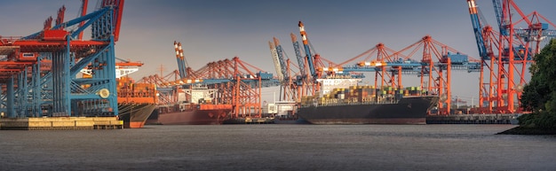 Panorama desde una terminal de contenedores en el puerto de Hamburgo con tiempo soleado por la noche