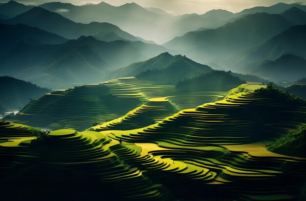 panorama terraços de arroz natureza agricultura lindas colinas verdes ou vale montanha generativa ai