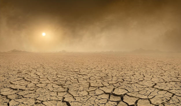 Foto panorama de tierra árida y estéril con suelo agrietado y sol apenas visible a través de la tormenta de arena que se aproxima concepto de problemas ecológicos