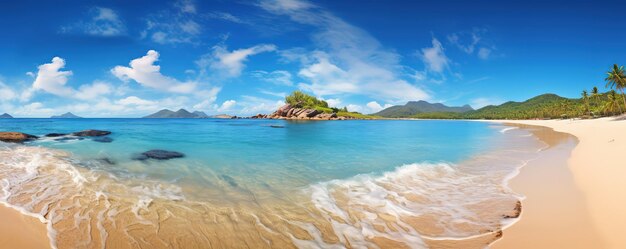 Panorama tropisches Meer und Sandstrand mit blauem Himmelshintergrund