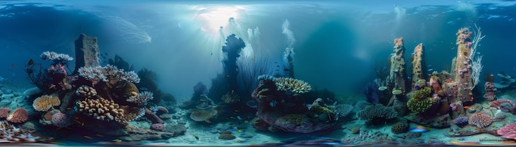 Foto panorama-unterwasseransicht des lebendigen korallenriffs mit vielfältigem meeresleben, farbenfrohen korallen und klarem blauem wasser an einem sonnigen tag