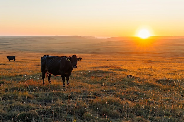 Panorama de vacas pastando en un prado con hierba amanecer en una niebla matutina pastoreo de ganado