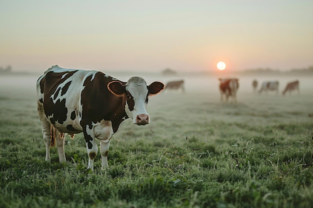Panorama de vacas pastando en un prado con hierba amanecer en una niebla matutina pastoreo de ganado