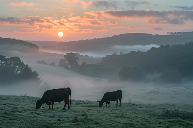 Panorama de vacas pastando en un prado con hierba amanecer en una niebla matutina pastoreo de ganado