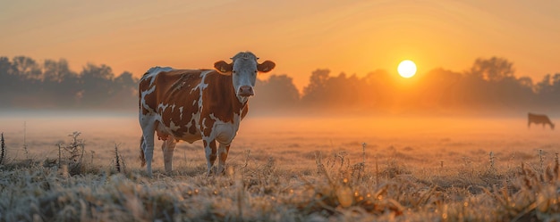 Panorama de vacas pastando en un prado con hierba amanecer en una niebla matutina pastoreo de ganado