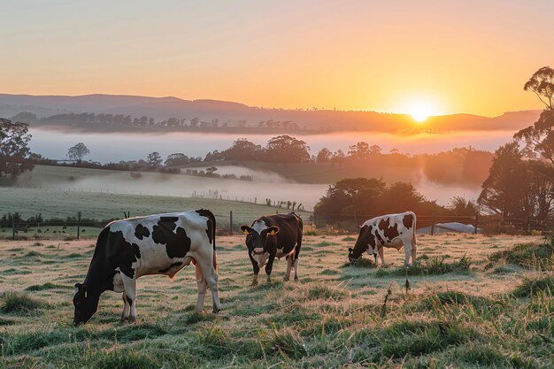 Panorama de vacas pastando en un prado con hierba amanecer en una niebla matutina pastoreo de ganado