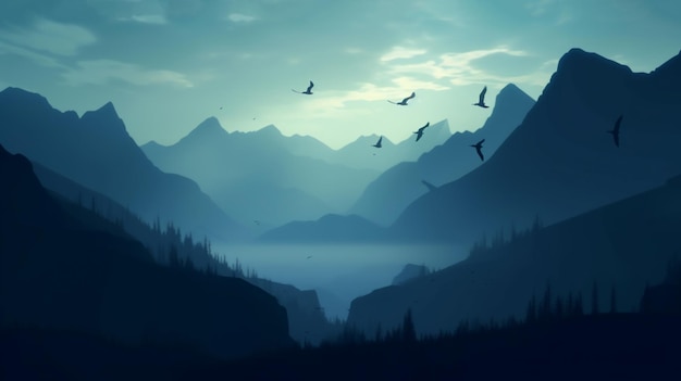 Panorama de verano de siluetas de montañas Siluetas de montañas en la niebla y pájaro volando
