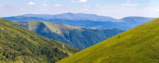 Panorama de verdes colinas en las montañas de verano