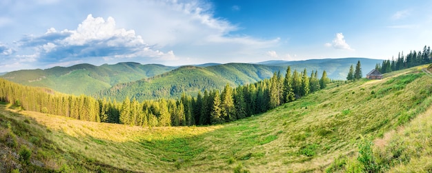 Panorama con verdes montañas, colinas y bosques.