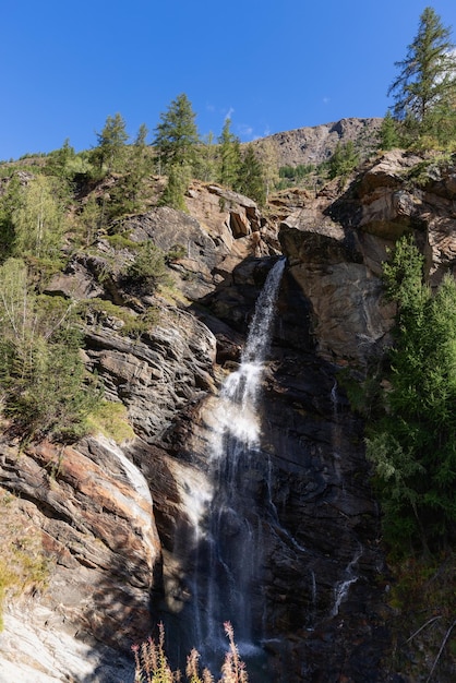 Panorama vertical de la cascada de Lillaz en una grieta de granito con árboles delgados contra el cielo en Aosta