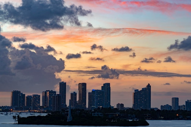 Panorama de la vista del centro de miami al atardecer