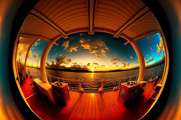 Panorama de la vista del viaje por mar desde la cubierta del barco al atardecer