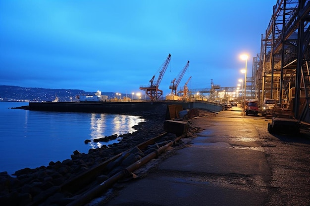 Panorama von einem Containerterminal im Hafen von Hamburg bei sonnigem Wetter am Abend