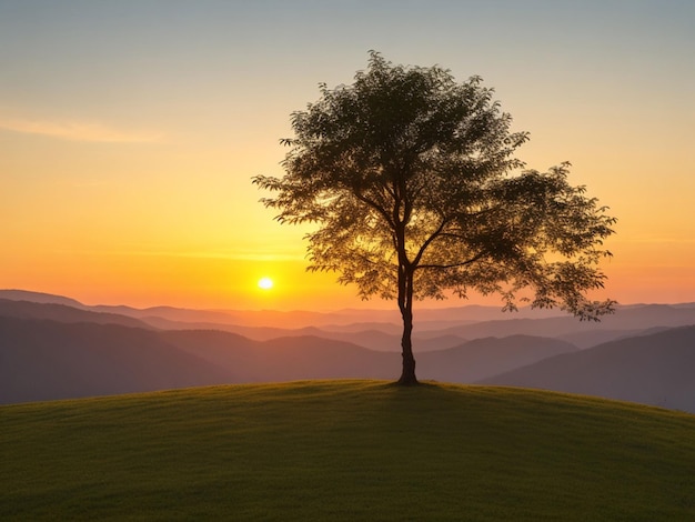 Panorama von kleinen Bäumen, die mit Sonnenaufgang wachsen