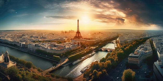 Panorama von Paris aus der Höhe mit einem Fluss und dem EiffelturmLuftaufnahme Panoramaaufnahme Generative KI