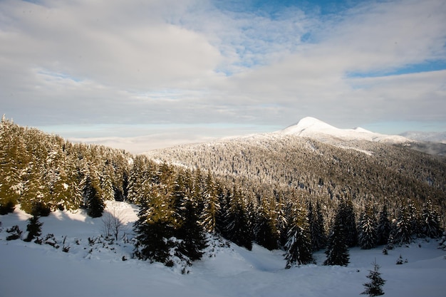 Panorama von schneebedeckten Bergen, Schnee und Wolken am Horizont
