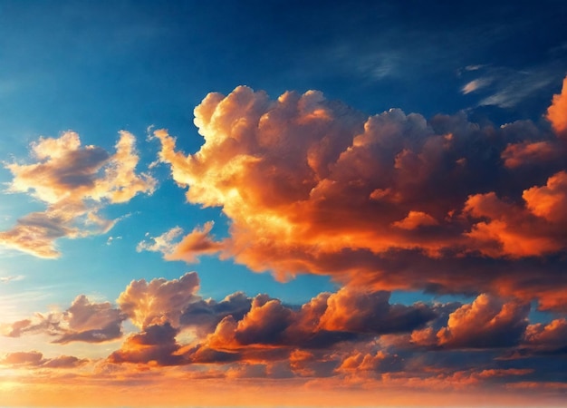 Foto panorama von sonnenuntergang, blauem himmel mit orangefarbenen flauschigen wolken, atmosphärischer hintergrund, panoramablick auf die wolkenlandschaft, erstaunlicher himmelhintergrund, gemütliche tapete, designstil, hintergrundkonzept, werbe-textraum