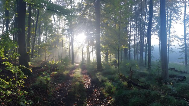 Foto panorama de wald con rayos de sol