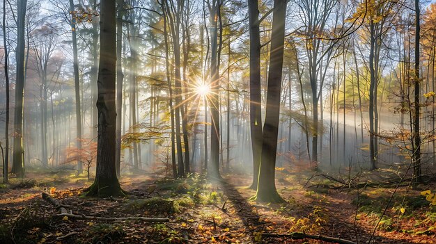 Foto panorama de wald con rayos de sol