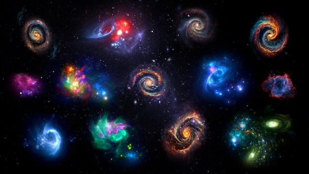 Panorama Weltraumszene mit Planeten, Sternen und Galaxien Banner-Vorlage Viele Nebel und Galaxien im Weltraum viele Lichtjahre entfernt Deep Universe Großstruktur 3D gerendert