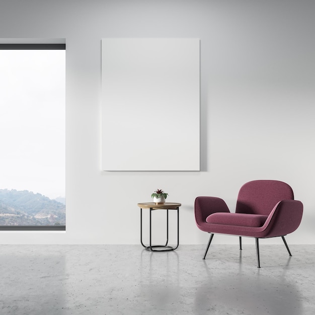 Panorama-Wohnzimmer mit weißen Wänden, Betonboden und einem dunkelrosa Sessel neben einem Couchtisch. Ein vertikales Poster. 3D-Rendering