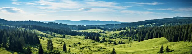 Panoramabanner mit einer ausgedehnten und länglichen Perspektive einer bewaldeten Landschaft mit Bäumen