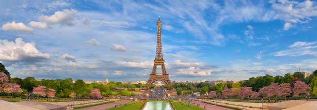 Panoramabild des Eiffelturms von Trocadero im Frühjahr.