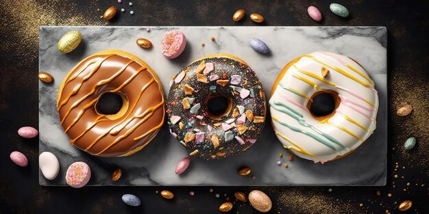 Panoramabild von Donuts auf einer Marmorplatte