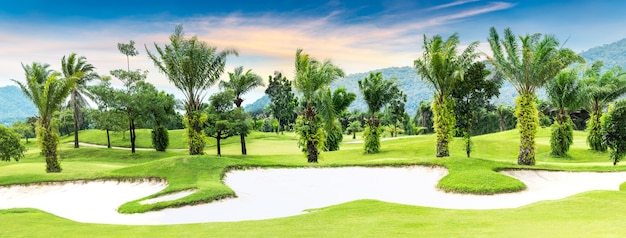 Panoramablick auf Baum und Sandbunker Golfplatz