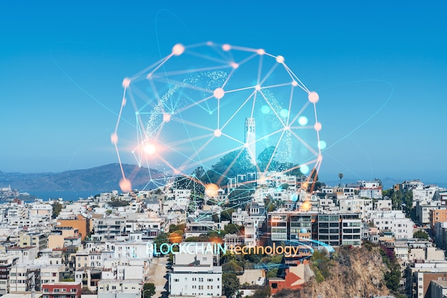 Panoramablick auf das stadtbild von san francisco zur tageszeit coit tower und telegraph hill kalifornien vereinigte staaten dezentralisierte wirtschaft blockchain-kryptografie und hologramm für das konzept der kryptowährung